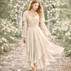 NWT Saizbella Boho Cottage core, Pearls,Renaissance Smocked  Dress Ivory Size L